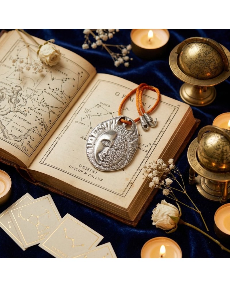 Pendentif zodiac GEMEAUX argenté sur corde orange, posé sur livre des Gémeaux avec petites fleurs et bougies. Fermoir offert.