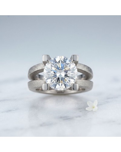 Bague ROMANTIS en argent ou métal gris avec solitaire rond brillant et fourchette à quatre griffes, pose minimaliste sur marbre.