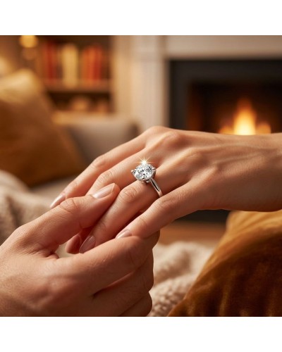 Bague HALMAHERA en argent avec pierre centrale brillante sur doigt feminin, ambiance cosy près du feu.