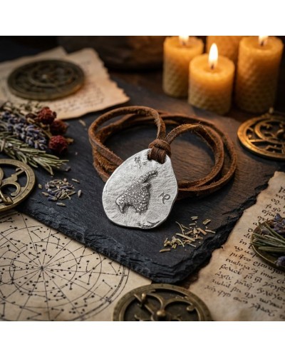 Pendentif zodiac Capricorne en métal argenté sur cordon cuir, motif Capricorne, fermoir offert, ambiance mystique avec bougies e