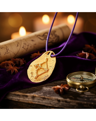 Pendentif zodiac SAGITTAIRE doré gravé, corde violette avec fermoir offert, posé sur bois avec boussole et épices.