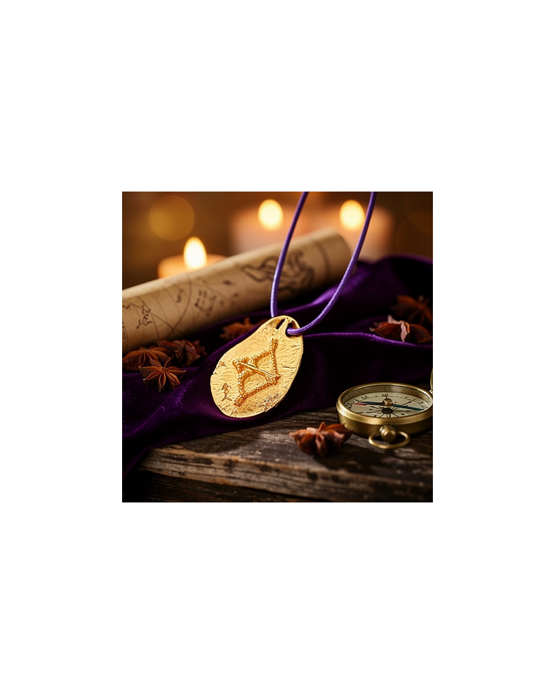 Pendentif zodiac SAGITTAIRE doré gravé, corde violette avec fermoir offert, posé sur bois avec boussole et épices.