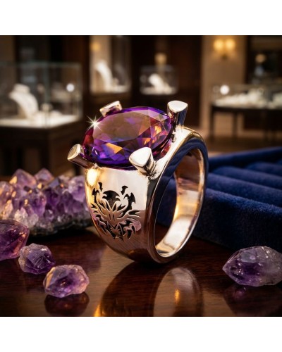 Chevalière SUMATRA pierre violette facettée sur métal argenté avec motif gravé floral, entourée d’améthystes.