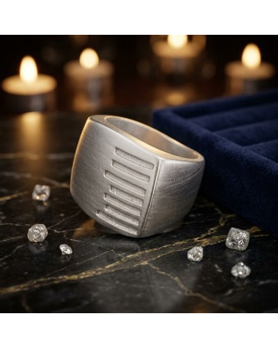 Bague KEKAYAAN métallique moderne avec gravures rectilignes sur plan facing, posée sur surface sombre avec pierres brillantes et