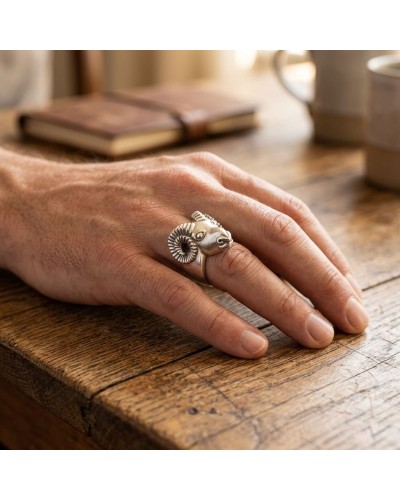 Bague argentée sur doigt, design ramures et tête de mouflon, style chevalier moderne, produit Bague MOUFLON.