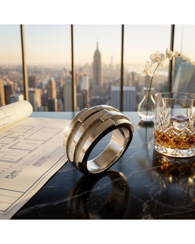 Bracelet moderne en acier sur plan de travail noir, avec plans d’architecture, whisky et vase d’orchidée, vue urbaine au coucher