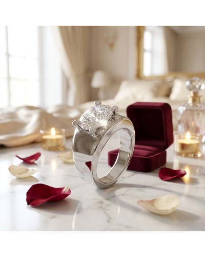 Bague PIKIRAN en argent massif avec solitaire brillant surmonté; boîte rouge à l’intérieur, pétales rouges et blancs, bougies su