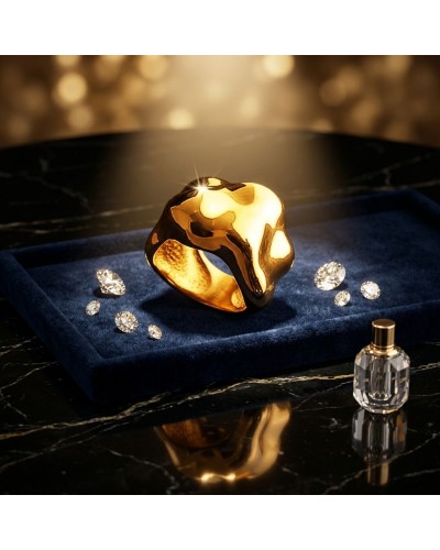 Bague BOSSE dorée au centre sur un plateau bleu nuit, entourée de diamants étincelants et flacon de parfum en arrière-plan.