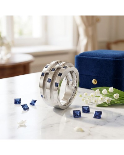 Alliance NEW YORK : bagues en argent ou métal brillant entourées de saphirs bleus synthétiques sur une table, boîte bleue et fle