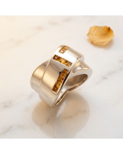 Alliance DESTINE en or sertie de 7 saphirs jaunes synthétiques, large bague moderne en métal argenté brillant avec pierres jaune