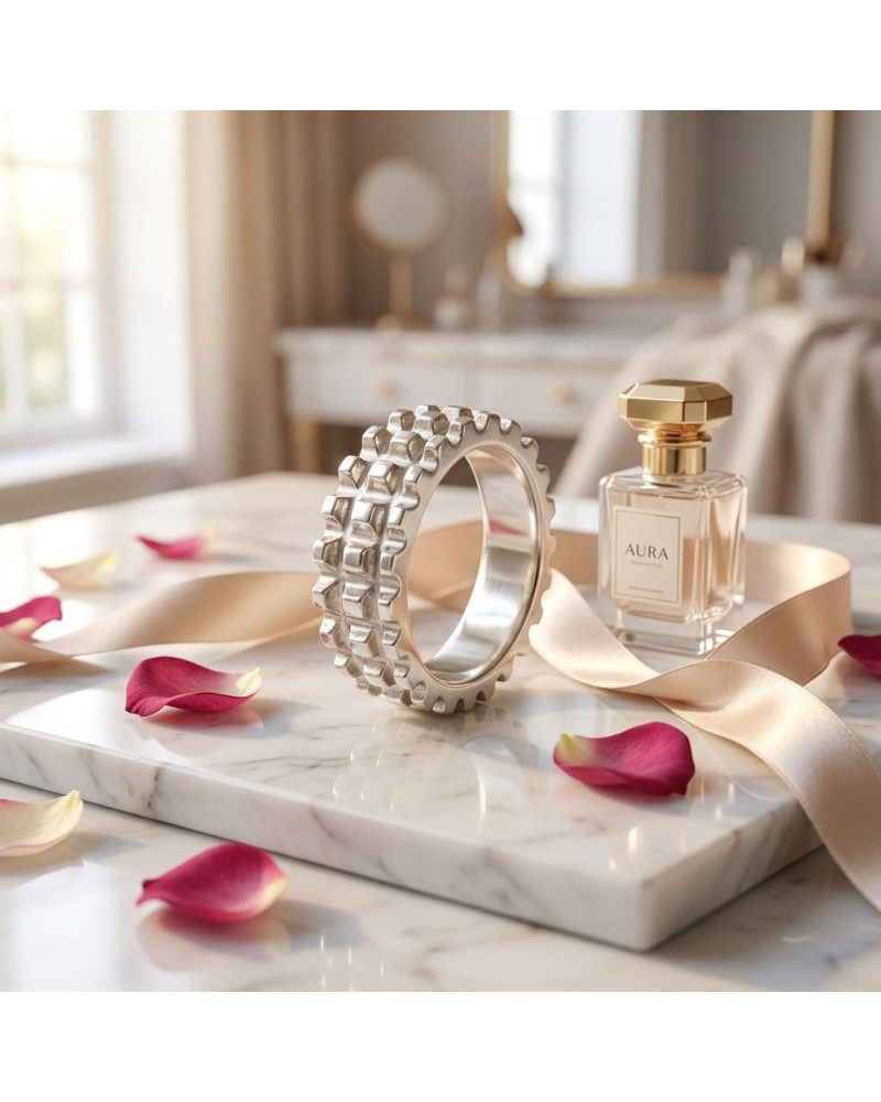 Alliance TEMPS MODERNE femme en or: bracelet argenté muni de motifs géométriques posé sur un marbre, avec parfum AURA et ruban r