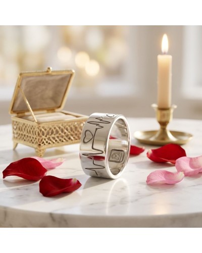 Alliance BEATING LOVE femme en or: bague argentée décor écartelé avec motifs cœur, sur marbre, entourée de pétales et d’une boug