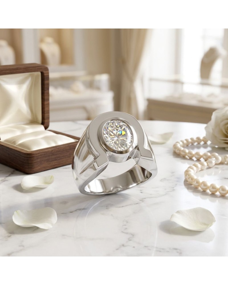 Chevalière en argent rhodié féminine avec oxyde blanc central rond, entourée de perles et boîte à bijoux.