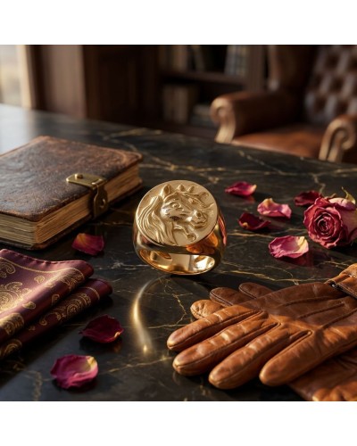 Chevalière PACHA en argent ou vermeil posée sur une table sombre, gravée d’un profil de chevalier, entourée de gants en cuir, li