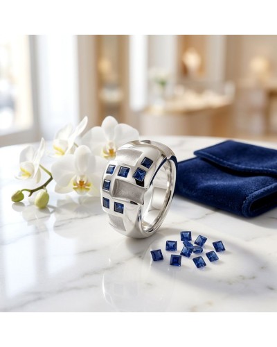 Alliance GREC en or avec 7 saphirs bleus synthétiques sur une table en marbre, entourée de fleurs blanches et d’un tissu bleu.