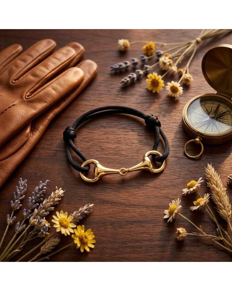 Bracelet MORS en ver meil doré sur cordon noir, posé sur bois avec gants en cuir et boussole antique, fleurs séchées autour.