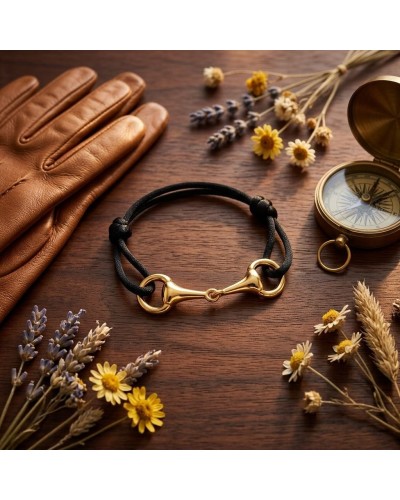 Bracelet MORS en ver meil doré sur cordon noir, posé sur bois avec gants en cuir et boussole antique, fleurs séchées autour.