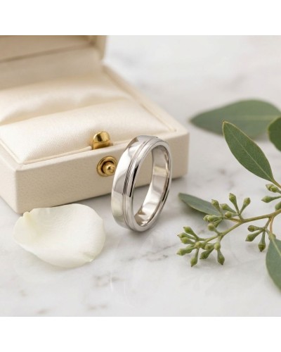 Alliance TRAIT D'UNION pour femme en or: bague argentée élégante posée près d’un coffret bijou, pétales et feuillages.