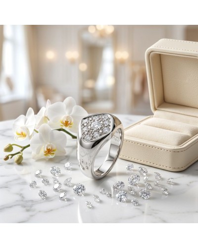 Alliance SAMBA en or sertie de 9 diamants sur fond marbre avec boîte jewelry et orchidées.
