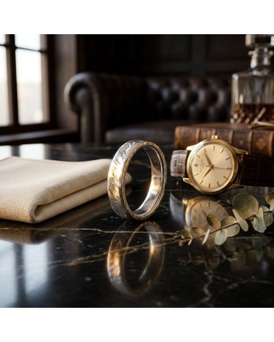 Alliance effet strié pour homme en or: bracelet argenté à motif strié, montre dorée au cadran clair, sur table en marbre avec fo