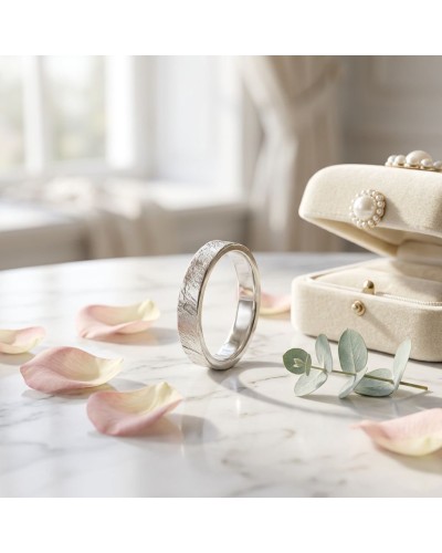 Alliance effet strié pour femme en or: bague argentée texturée posée sur marbre avec boîte à bijoux crème et pétales roses.