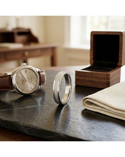 Alliance intérieur sablé pour homme en or: montre argentée avec bracelet brun, bague satinée et boîte en bois sur table.