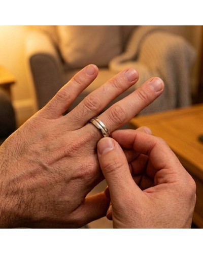 Alliance intérieur sablé pour homme en or—une main porte une bague, avec l’autre prête à l’ajuster.