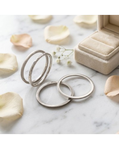 Alliance à effet de matière pour femme en or: bagues argentées texturées près d’un écrin beige sur marbre, pétales autour.