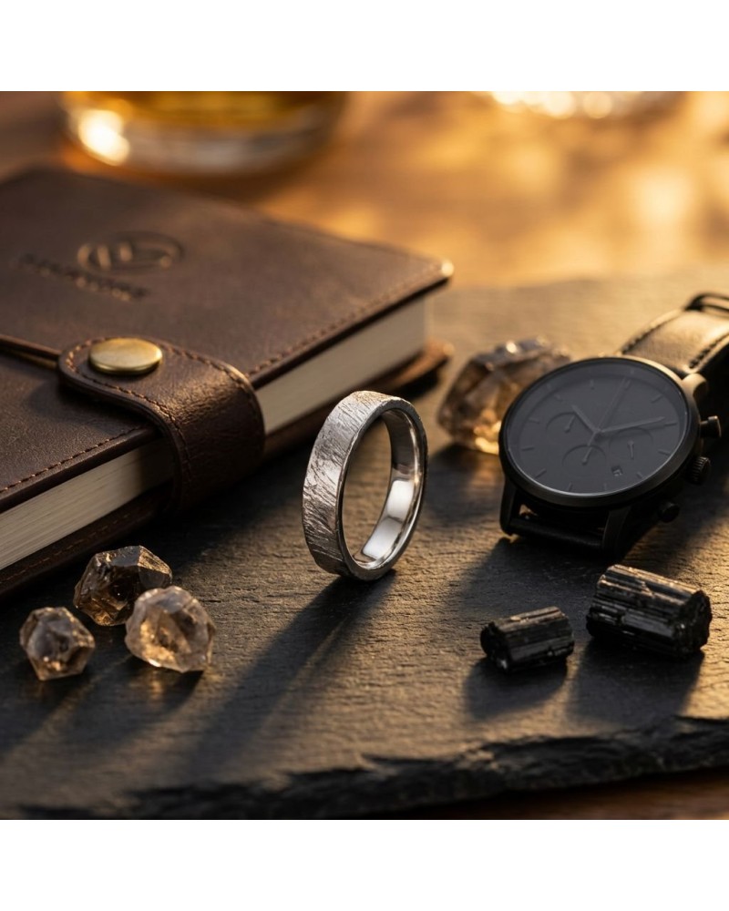 Alliance homme en or: bague argentée texturée posée près d’un livre en cuir, montre noir et pierres précieuses sur une surface s