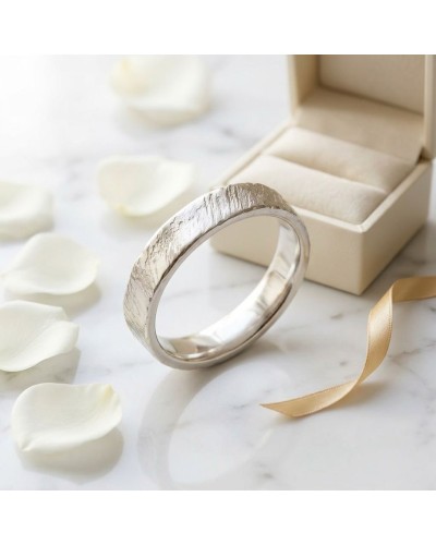 Alliance femme en or blanc effet crayonné, présente dans boîte, roses et ruban beige autour.