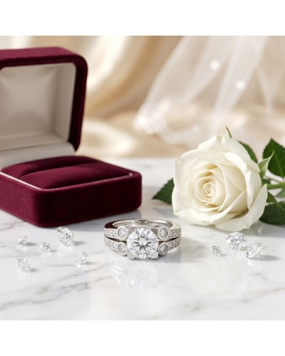Alliance VENUS en or sertie de 22 diamants avec bague et boucles d’oreilles en diamants sur marbre, boîte violette et rose blanc