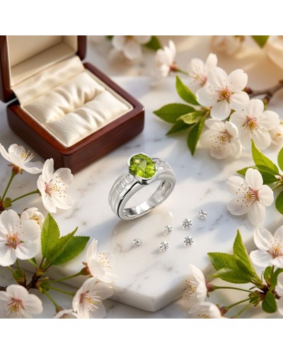 Bague argent avec péridot vertical entouré de diamants, présentée sur marbre près d’un écrin et fleurs blanche rosettes. Allianc