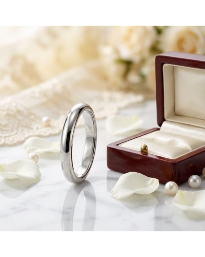 Alliance Basic Bombée femme en or: bague solitaire argentée près d’un coffret en bois avec satin crème et pétales blancs.