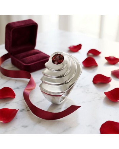 Alliance ESCARGOT pour femme en or sertie d'un grenat, bracelet argenté tourbillonnant avec pierre rouge, boîte velvet et pétale