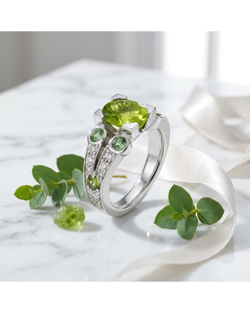 Alliance VENUS sur anneau argenté: péridot central à facettes entouré de 6 tourmalines vertes et 16 diamants scintillants.