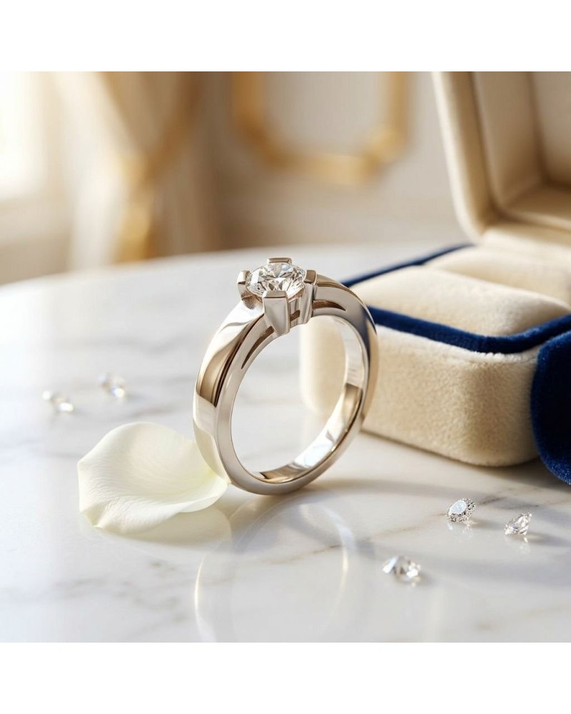 Alliance HASRAT en or serti griffes d’un diamant: une bague solitaire en or blanc avec pierre centrale brillante, présentée sur