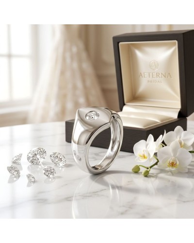 Alliance SAMBA ONE en or sertie d'un diamant: bague élégante en métal argenté avec diamants, boîte Aeterna Bridal et orchidées b