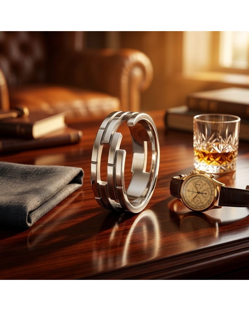 Alliance WALL pour homme en or: montre dorée et bracelet métallique sur bureau en bois, with whisky glass and books in backgroun