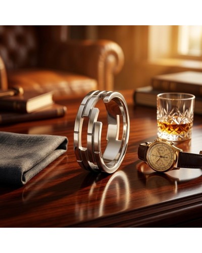 Alliance WALL pour homme en or: montre dorée et bracelet métallique sur bureau en bois, with whisky glass and books in backgroun