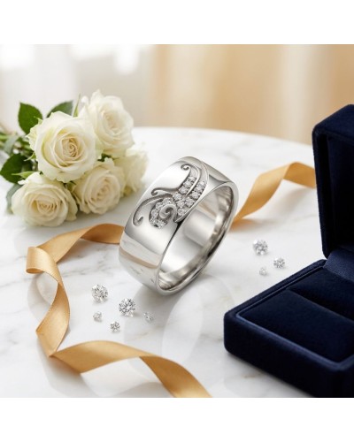 Alliance femme en or sertie de 15 diamants, motif élégant gravé, présentée avec bouquet et boîte bleue.