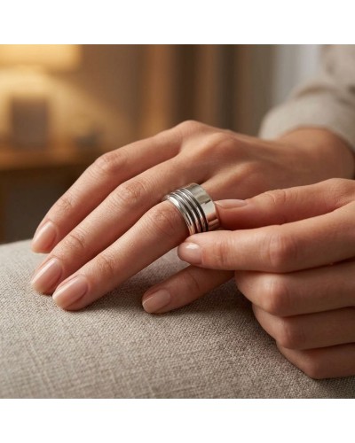 Alliance Large Striée femme en or: bague argentée à larges rayures sur doigt féminin, style moderne et épuré.