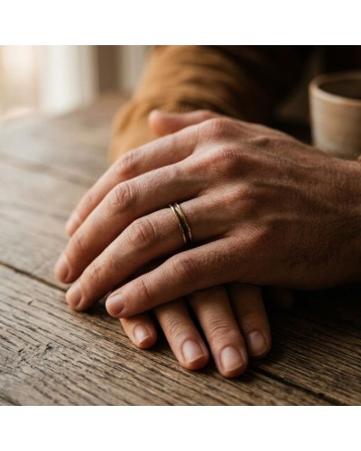 Alliance fine incurvée pour homme en or portée sur l'annulaire, posé sur une table en bois.