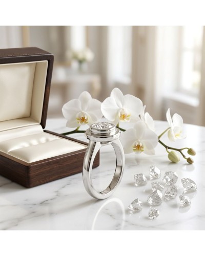 Bague SATURNE en argent brillant avec solitaire diamant, posée près d’un écrin en bois et des orchidées blanches sur un comptoir