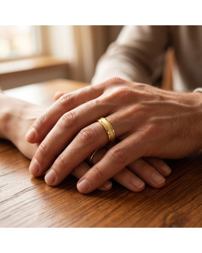 Alliance incurvée et sablée pour homme en or: deux anneaux dorés posés sur une main posé sur une table bois.