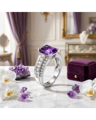 Bague NINA en argent avec pierre centrale violet améthyste et diamants sur le dessus, décor luxueux avec fleurs et boîte violett