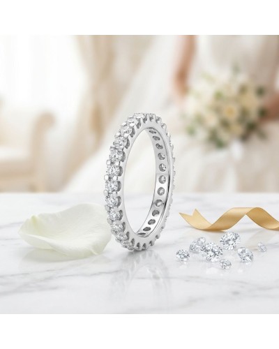 Alliance tour complet en pont sertie de 32 diamants en or blanc, bague flamboyante avec pierres scintillantes et ruban doré au d