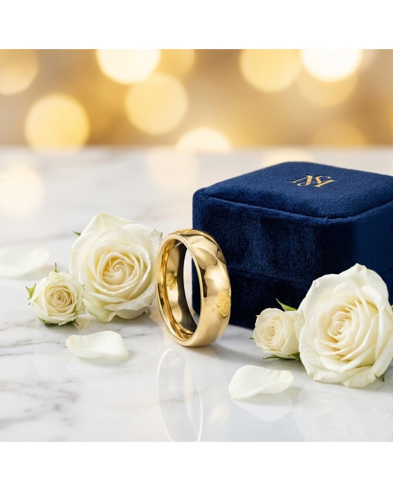 Alliance large bombée homme en or: bague dorée brillante posée près d’un écrin bleu et de roses blanches.