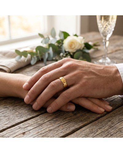 Alliance dorée pour homme posé sur une table en bois, mains jointes au premier plan, bouquet et verre à vin flûte en arrière-pla