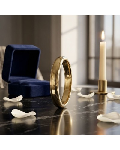 Alliance moyennement bombée homme en or brillant posé sur une table, avec boîte bleue, bougie et pétales blancs autour.