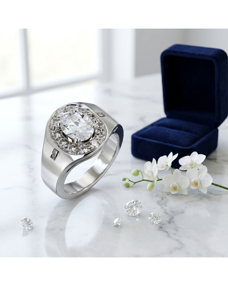 Alliage Alliance Penelope en or sertie de 15 diamants et oxyde, bague solitaire entourée de pierres scintillantes sur marbre.